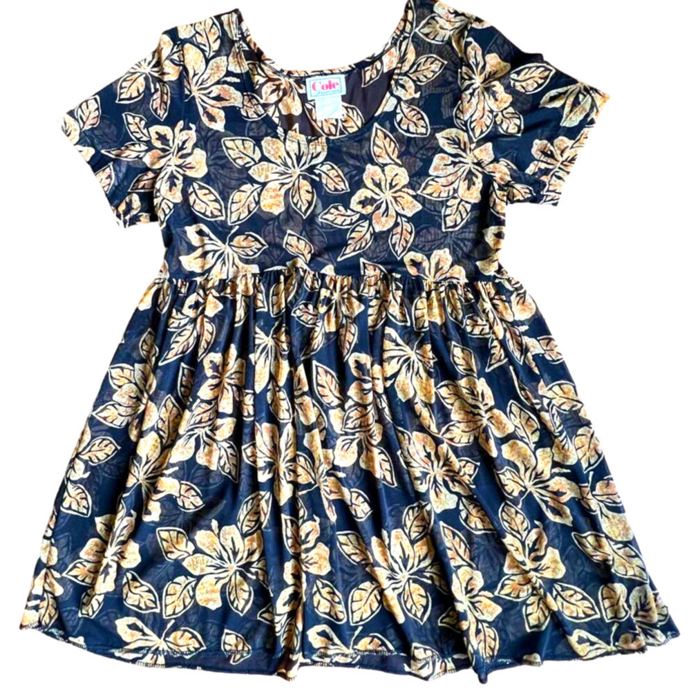 Vintage Cole Illusion Mesh Baby Doll Top, Floral, Black/Orange, size Medium